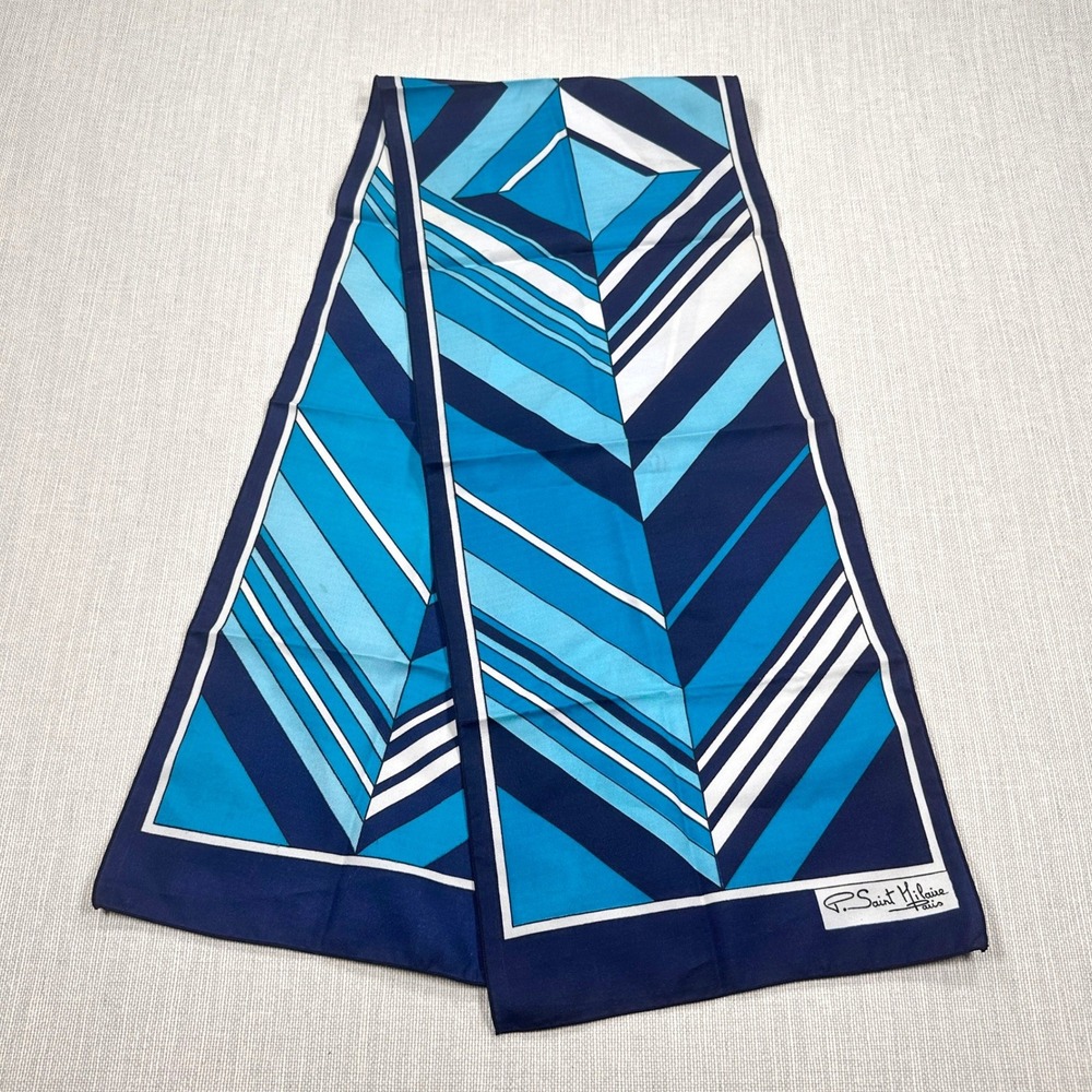VIntage P. Saint Hilaire Paris Blue Scarf Modernist Geometric Chevron Designer
